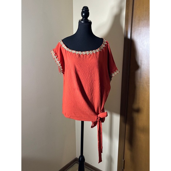 Unique Bargains Tops - Unbranded Embroidered Side Tie Blouse Womens Large Orange Excellent Boho Top